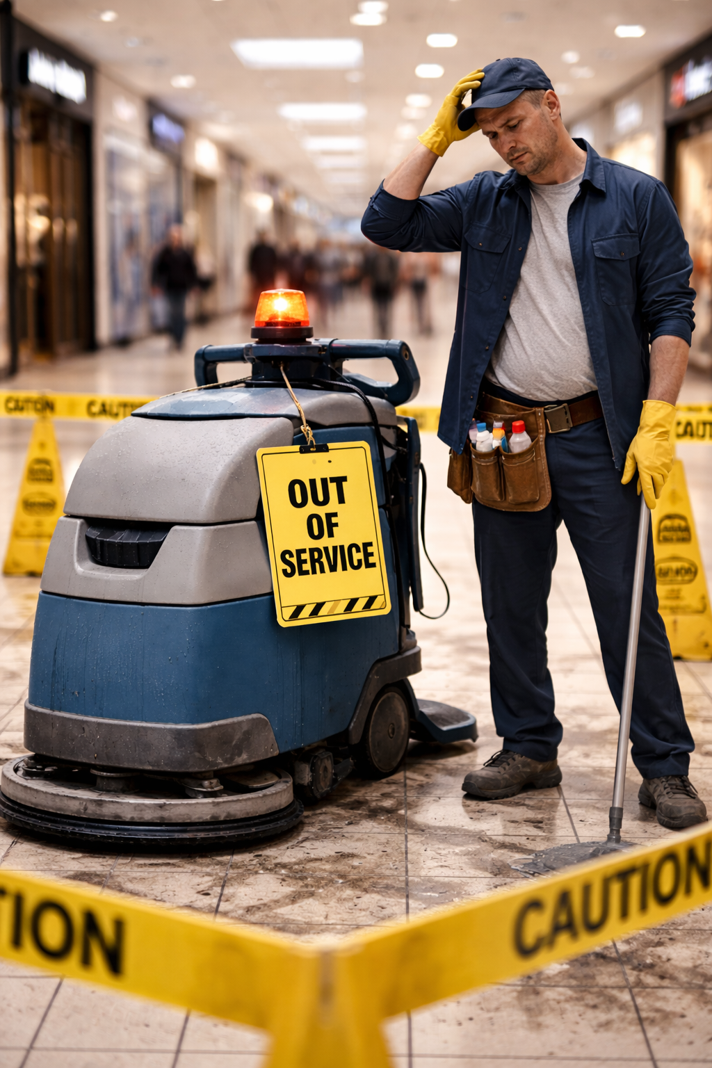 Frustrated maintenance worker standing near broken floor scrubber