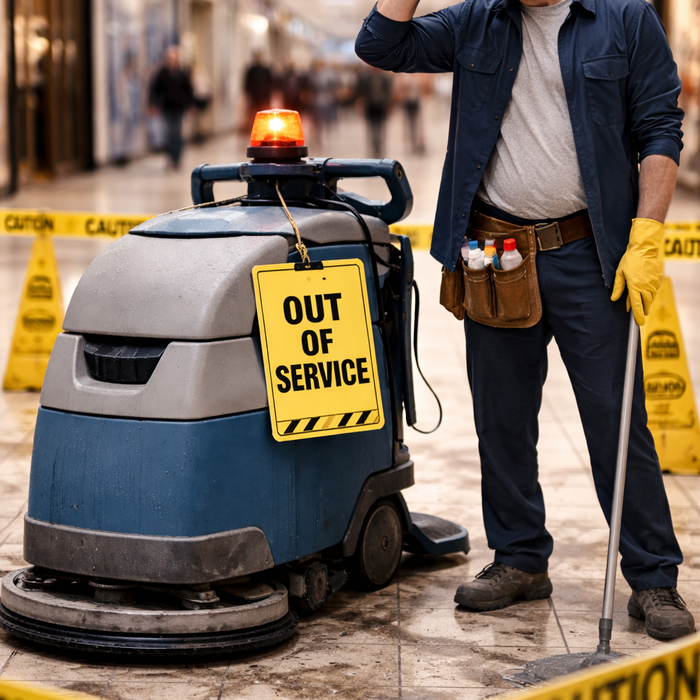 Frustrated maintenance worker standing near broken floor scrubber